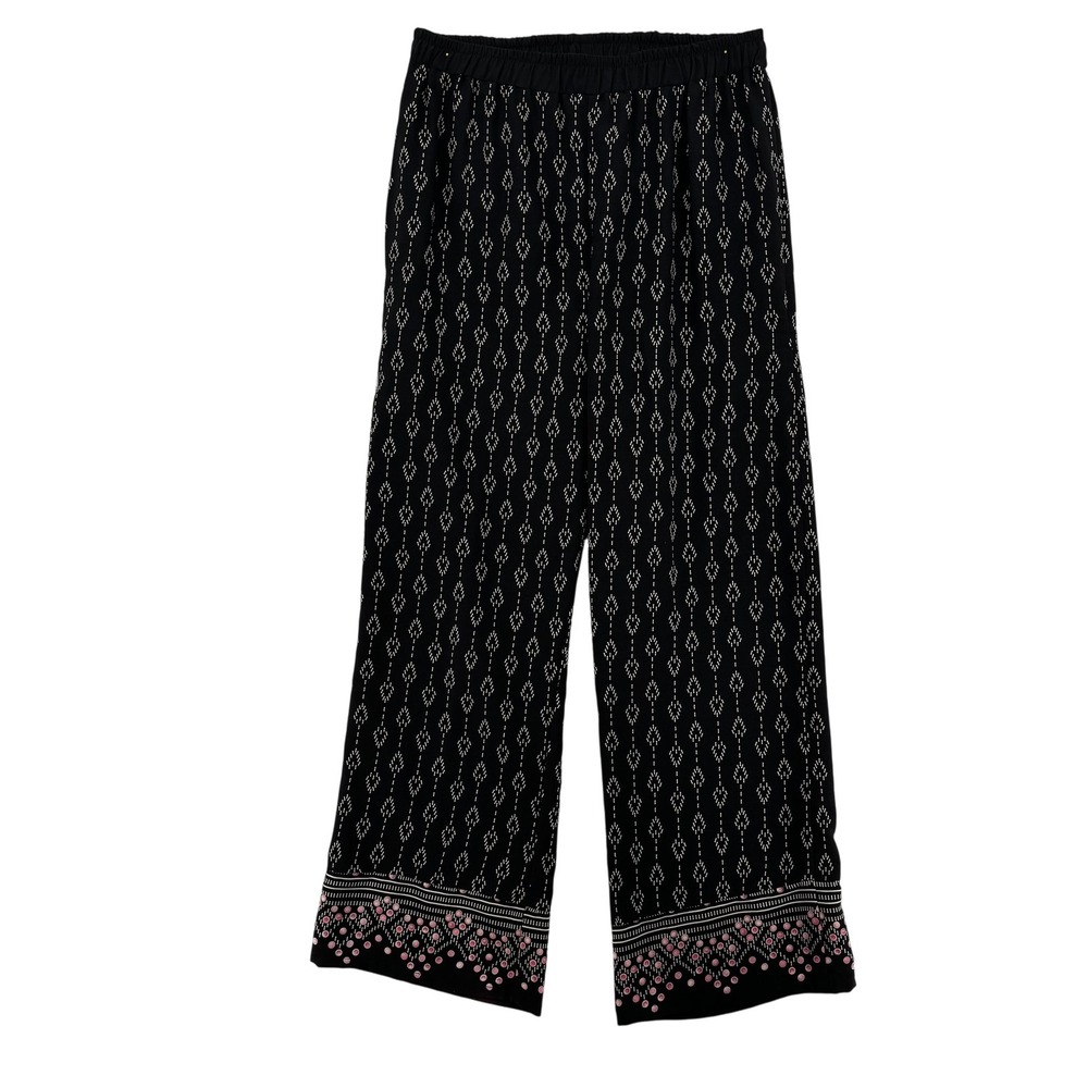 West Kei Wide Leg Pants Womens Medium Black Boho Print Pull On Made In USA